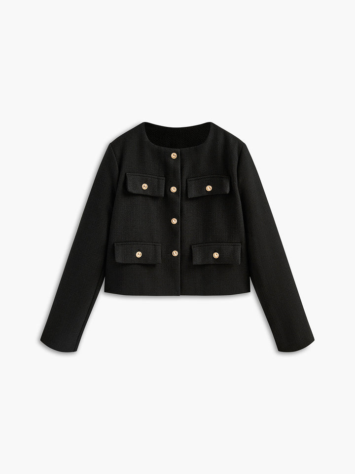 Kurze schwarze Jacke mit goldenen Knöpfen