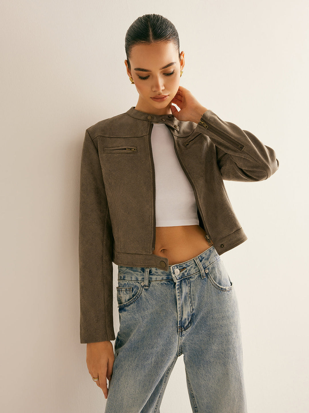 Veste Courte Marron Taupe