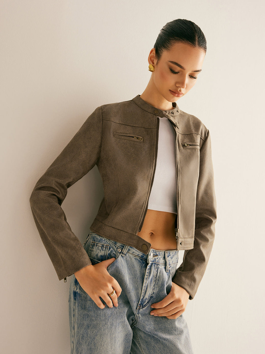 Veste Courte Marron Taupe