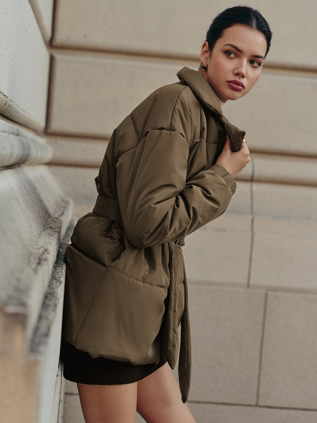 Manteau Court Ceinturé Kaki