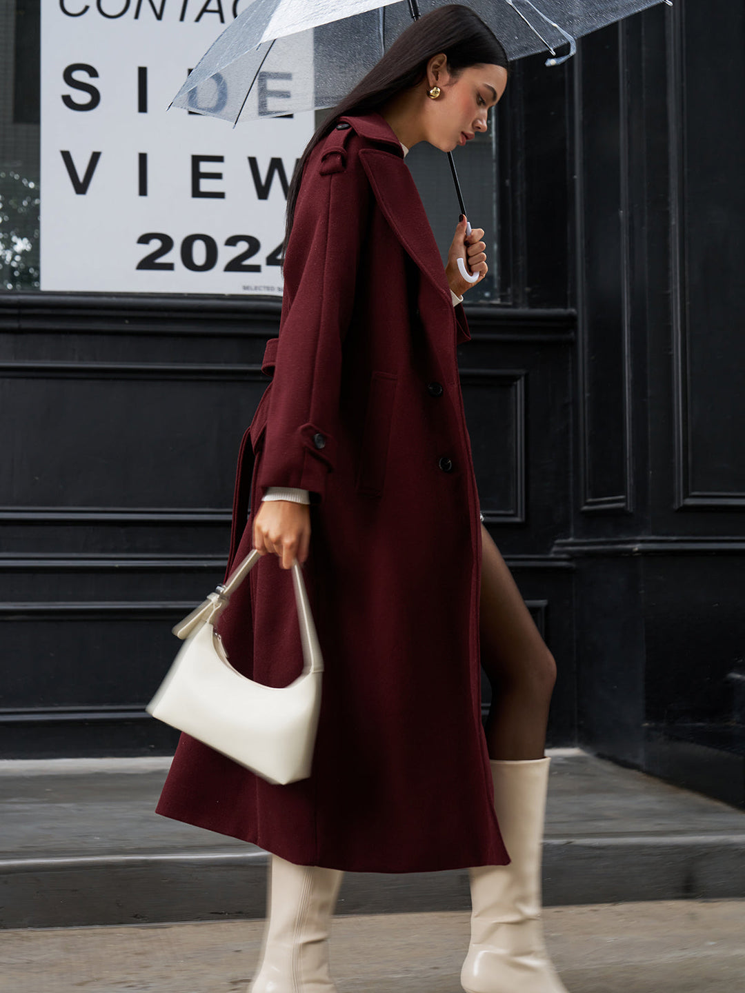 Manteau Long Ceinturé Bourgogne