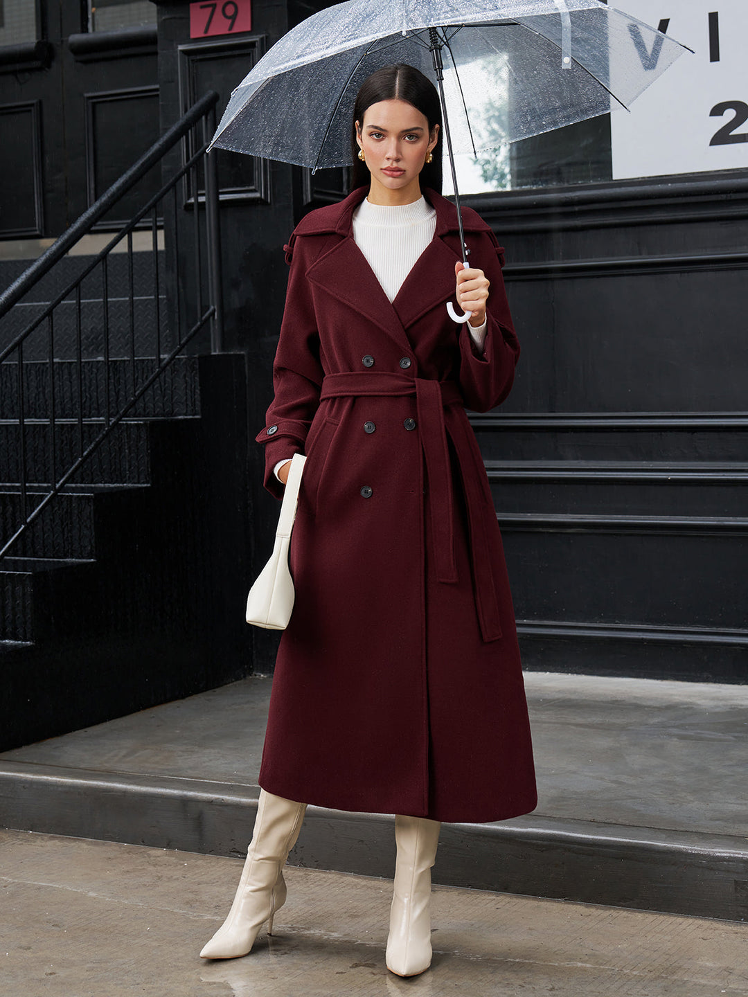 Manteau Long Ceinturé Bourgogne