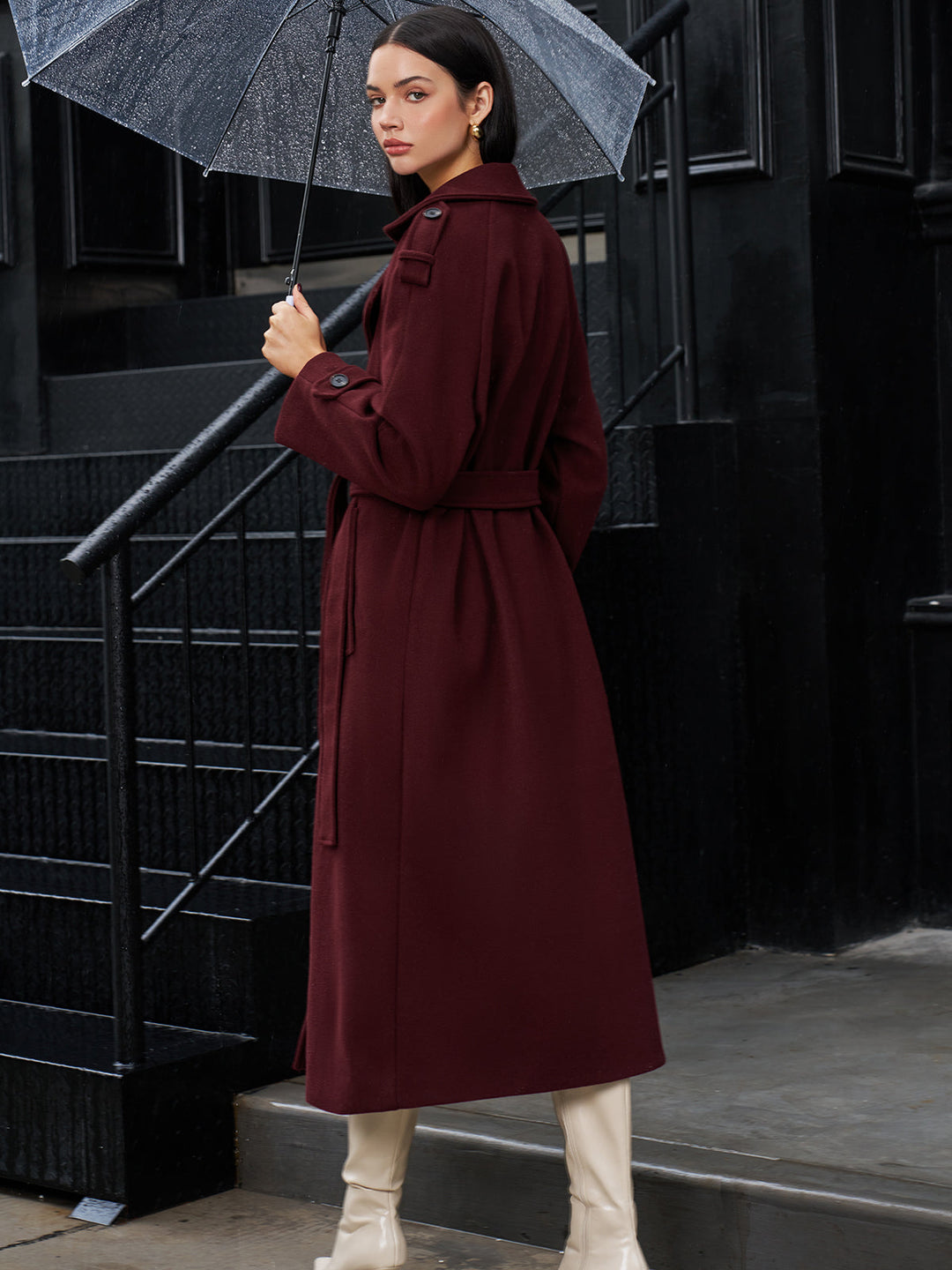 Manteau Long Ceinturé Bourgogne