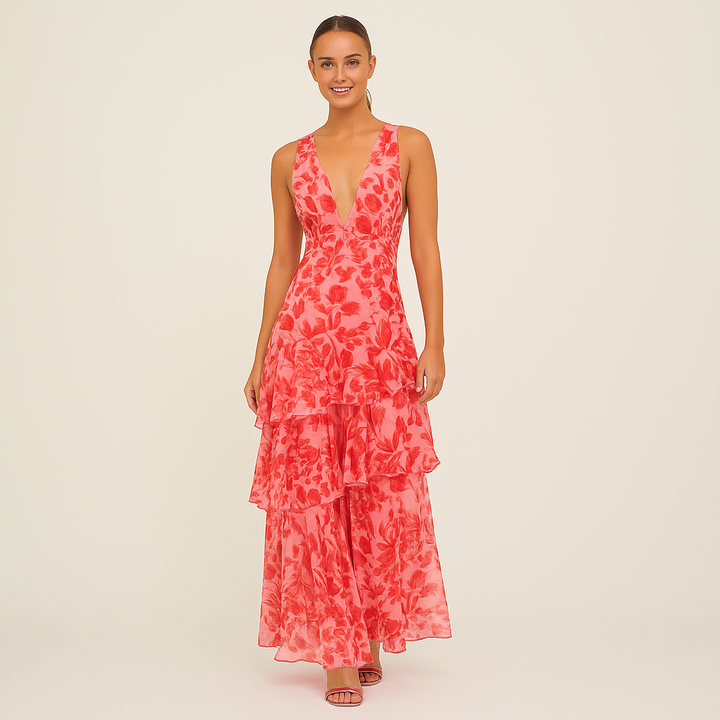 Langes geblümtes Kleid mit Rüschen