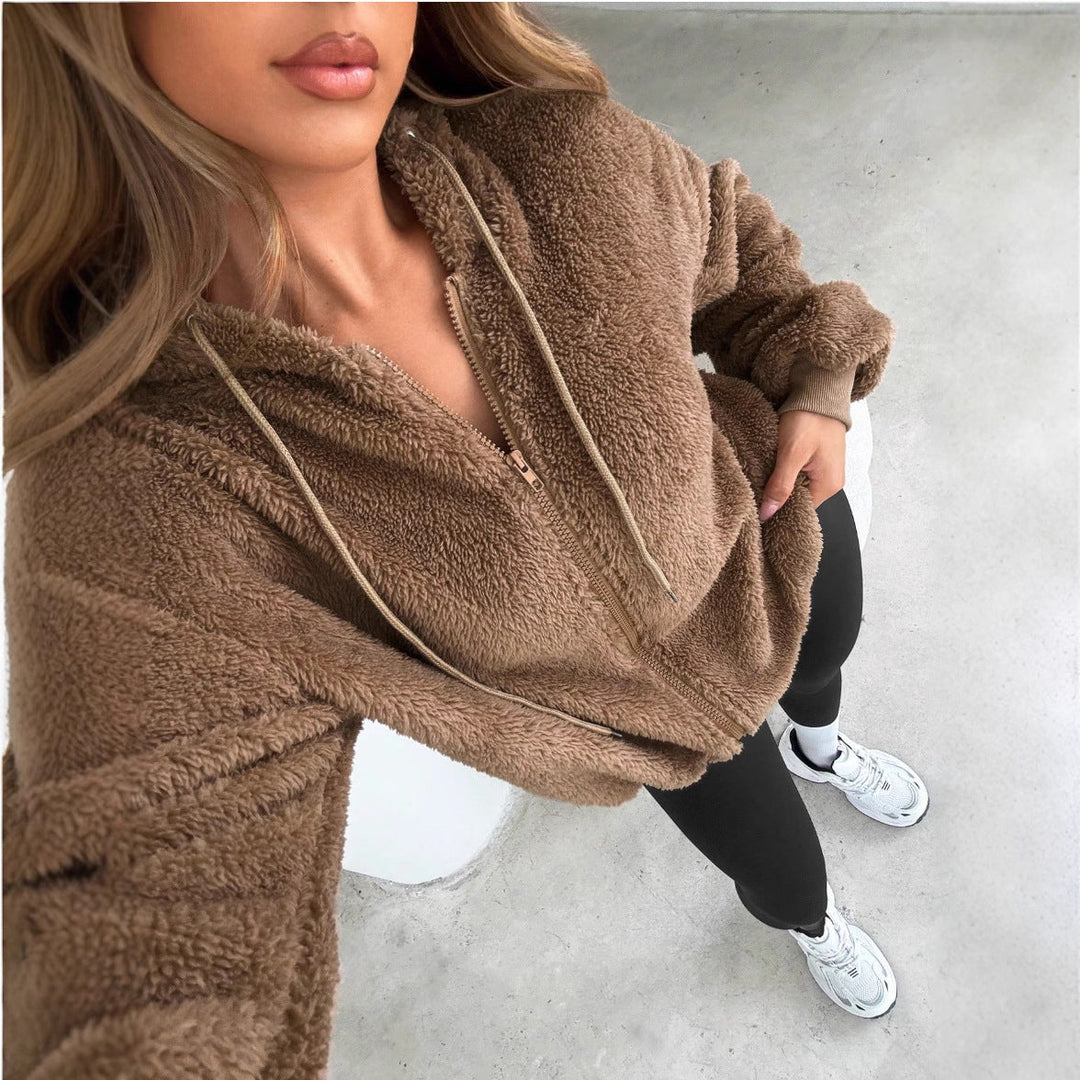 Veste Cardigan Capuche Zippée en Peluche