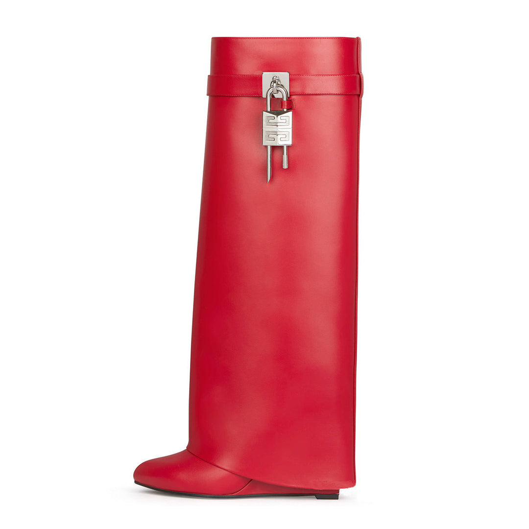Hohe Lackstiefel mit Schnalle im Shark-Stil