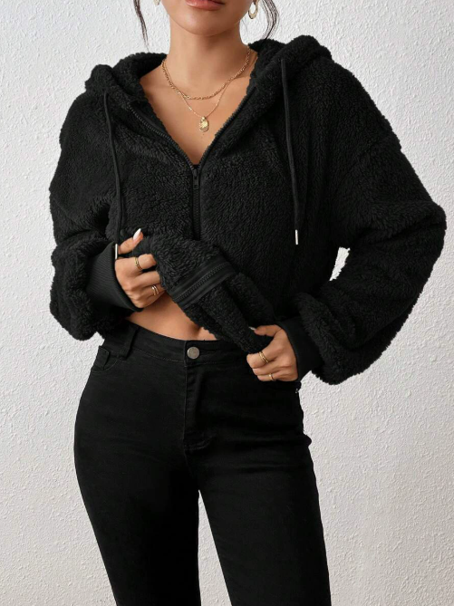Veste Cardigan Capuche Zippée en Peluche