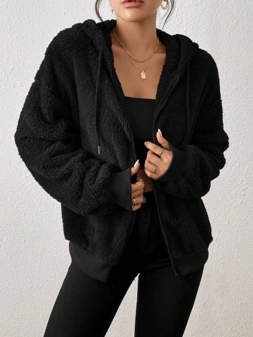 Veste Cardigan Capuche Zippée en Peluche