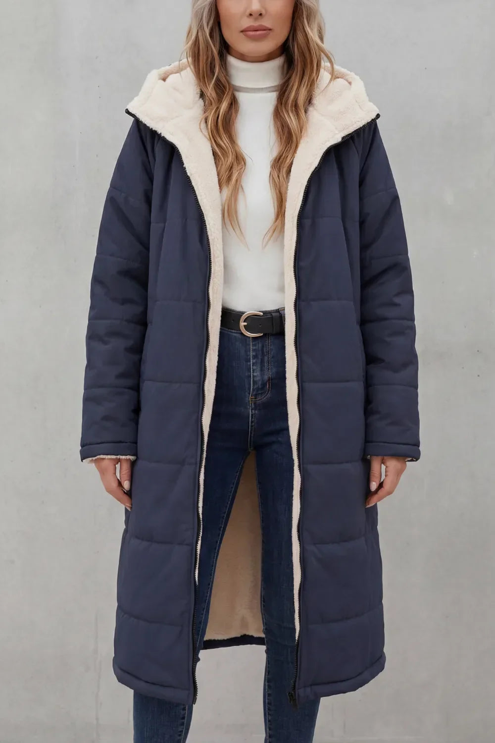 Manteau Long et Chaud à Capuche – Bleu Foncé