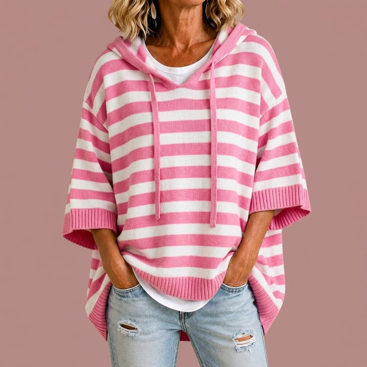 Pull Ample Rayé à Capuche – Rose