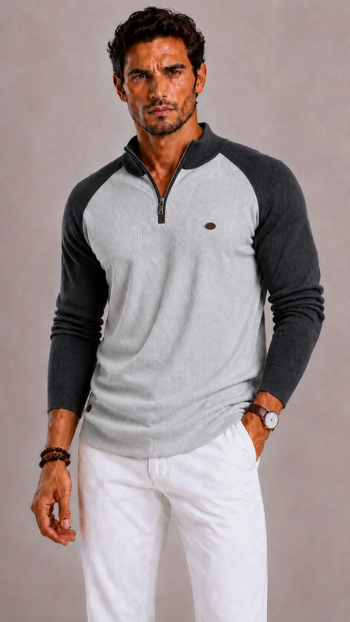 Pull Homme à Col Demi-Ouvert – Gris Clair