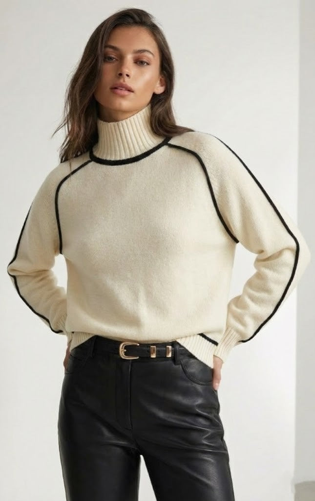 Pull Raffiné à Liseré Contrasté – Blanc Roto