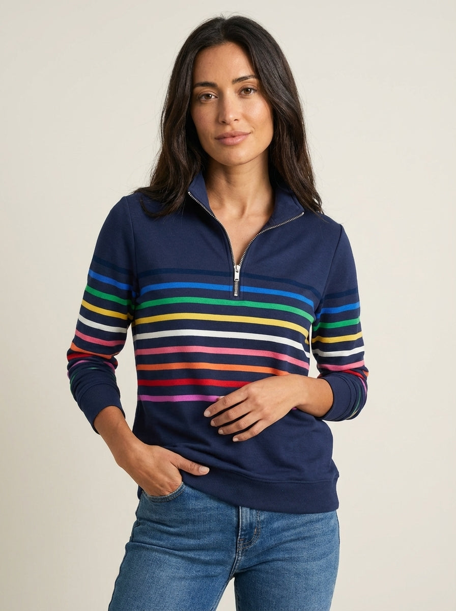Sweat Rayé à Col Camionneur – Bleu Oscuro