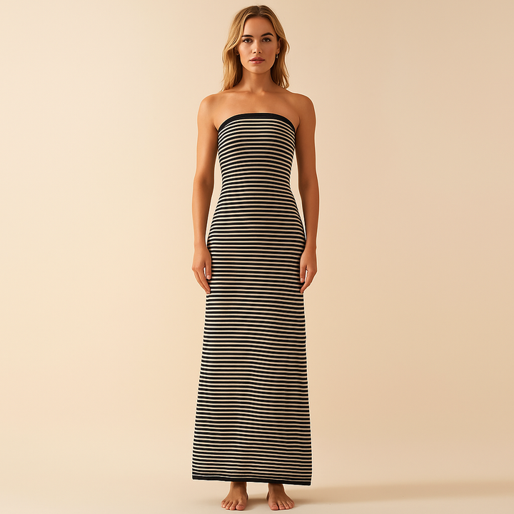 Gestreiftes langes Bandeaukleid