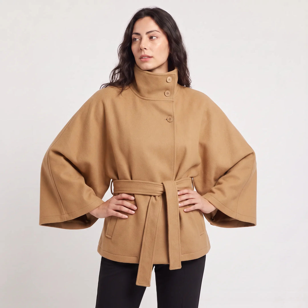 Manteau Ceinturé à Col Montant – Beige