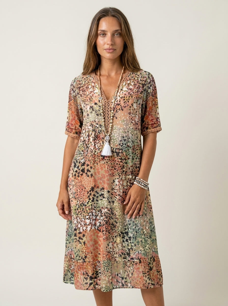 Robe Longue à Imprimé Coloré – Beige