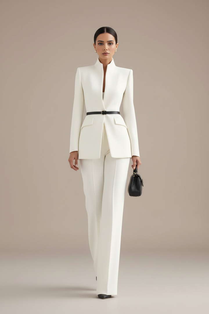 Ensemble Tailleur Col Montant – Blanc