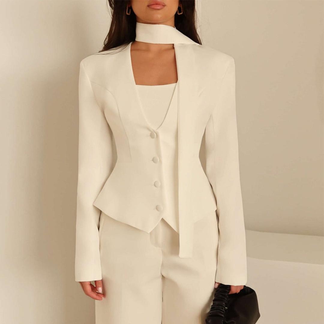 Manteau Ajusté avec Col Écharpe – Blanc