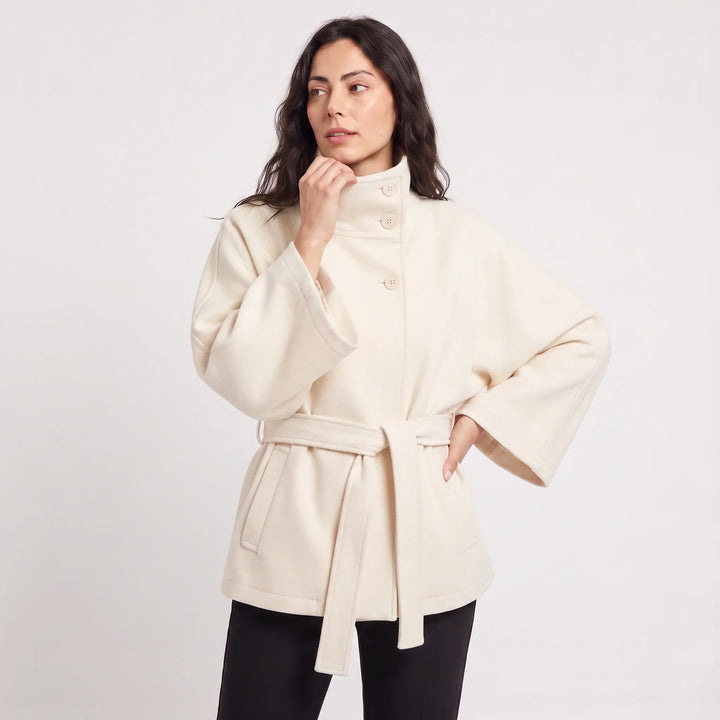 Manteau Ceinturé à Col Montant – Blanc