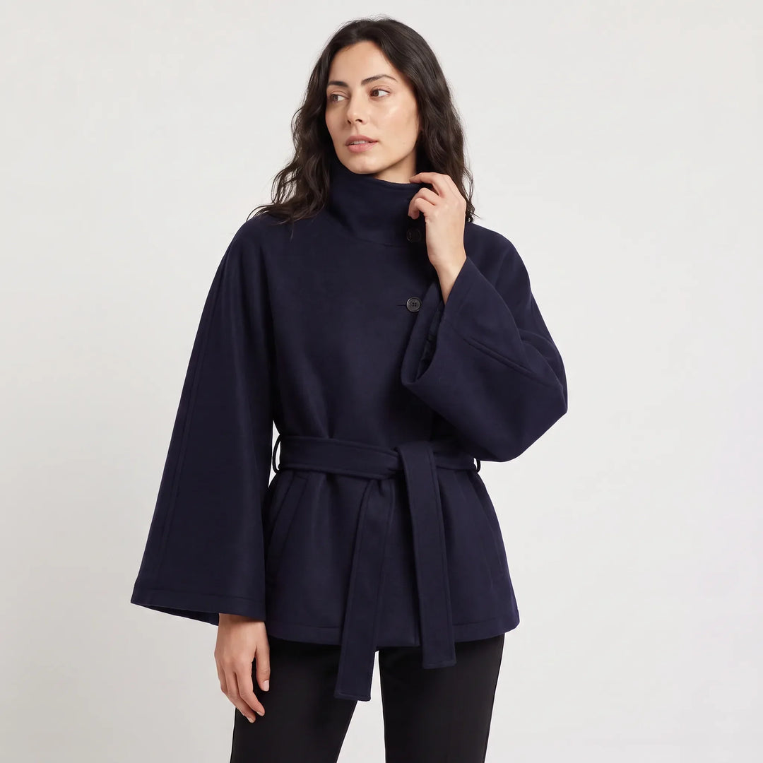 Manteau Ceinturé à Col Montant – Bleu Marine
