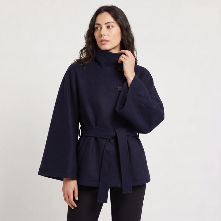 Manteau Ceinturé à Col Montant – Bleu Marine