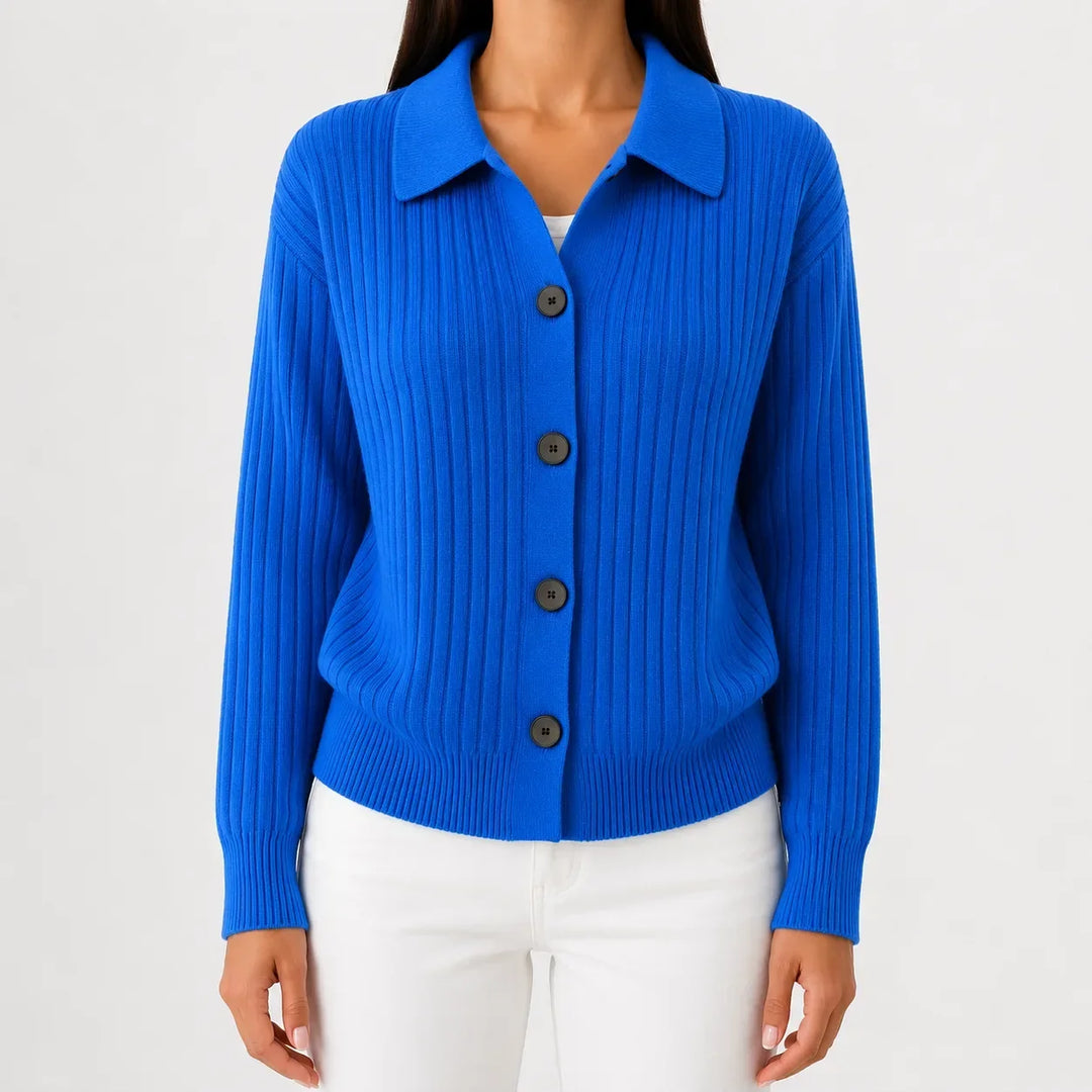 Cardigan Élégant à Col Polo – Bleu Océan