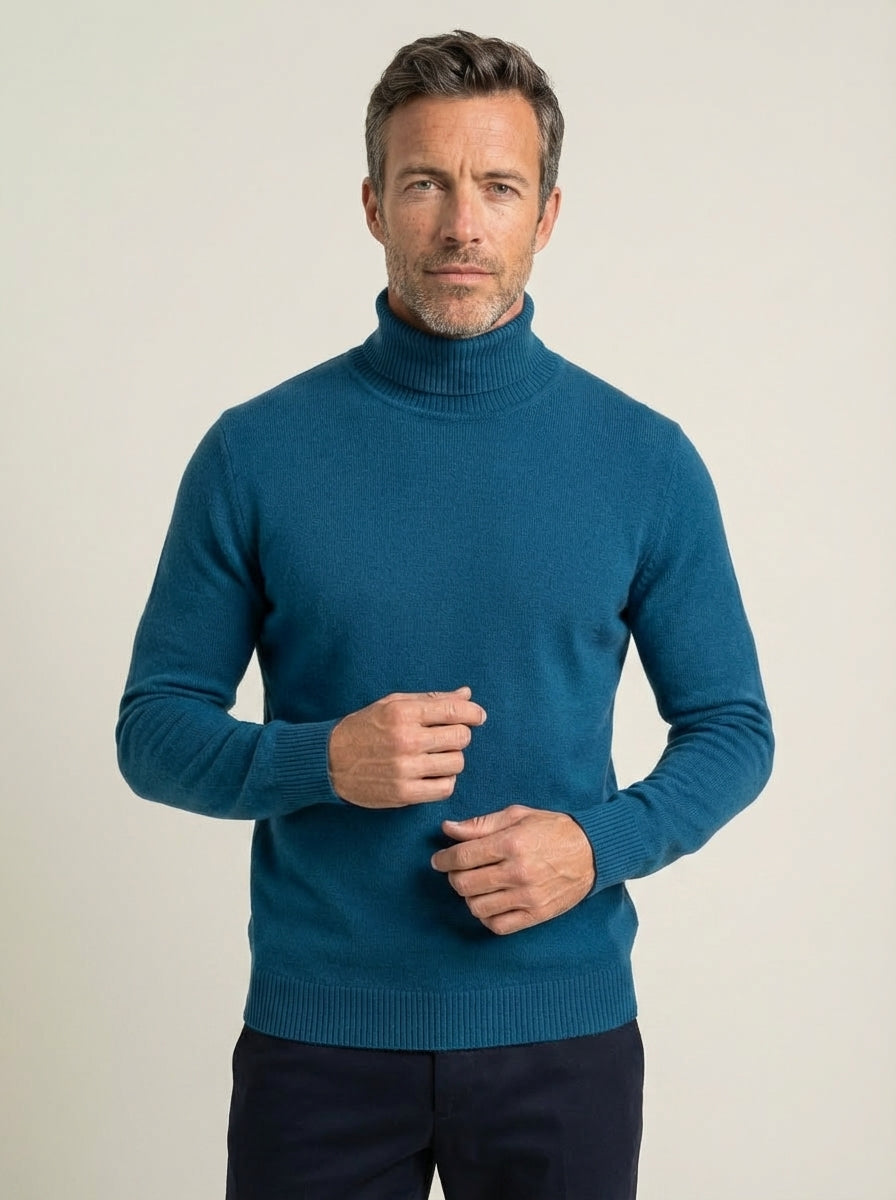 Pull Homme Côtelé à Col Roulé – Bleu