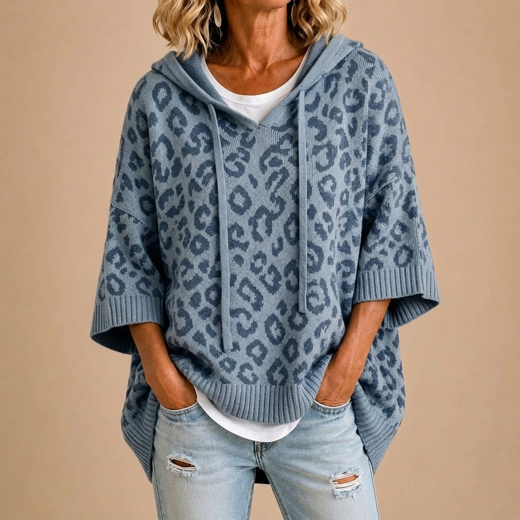 Pull Léopard Ample à Capuche – Bleu