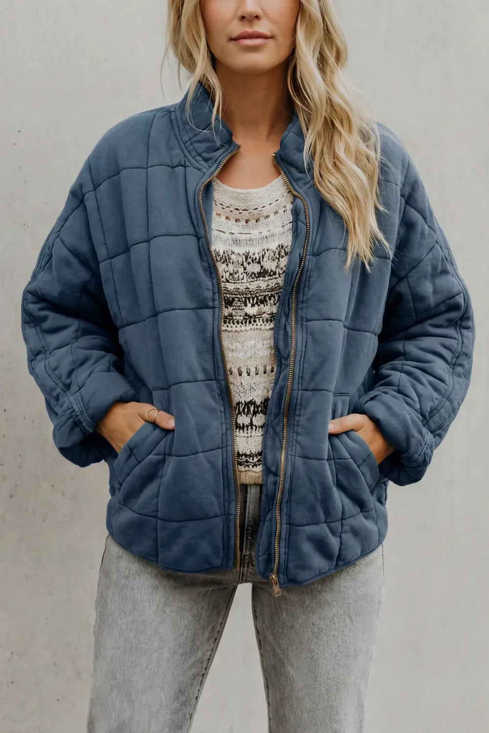 Veste Matelassée Col Rond – Bleu