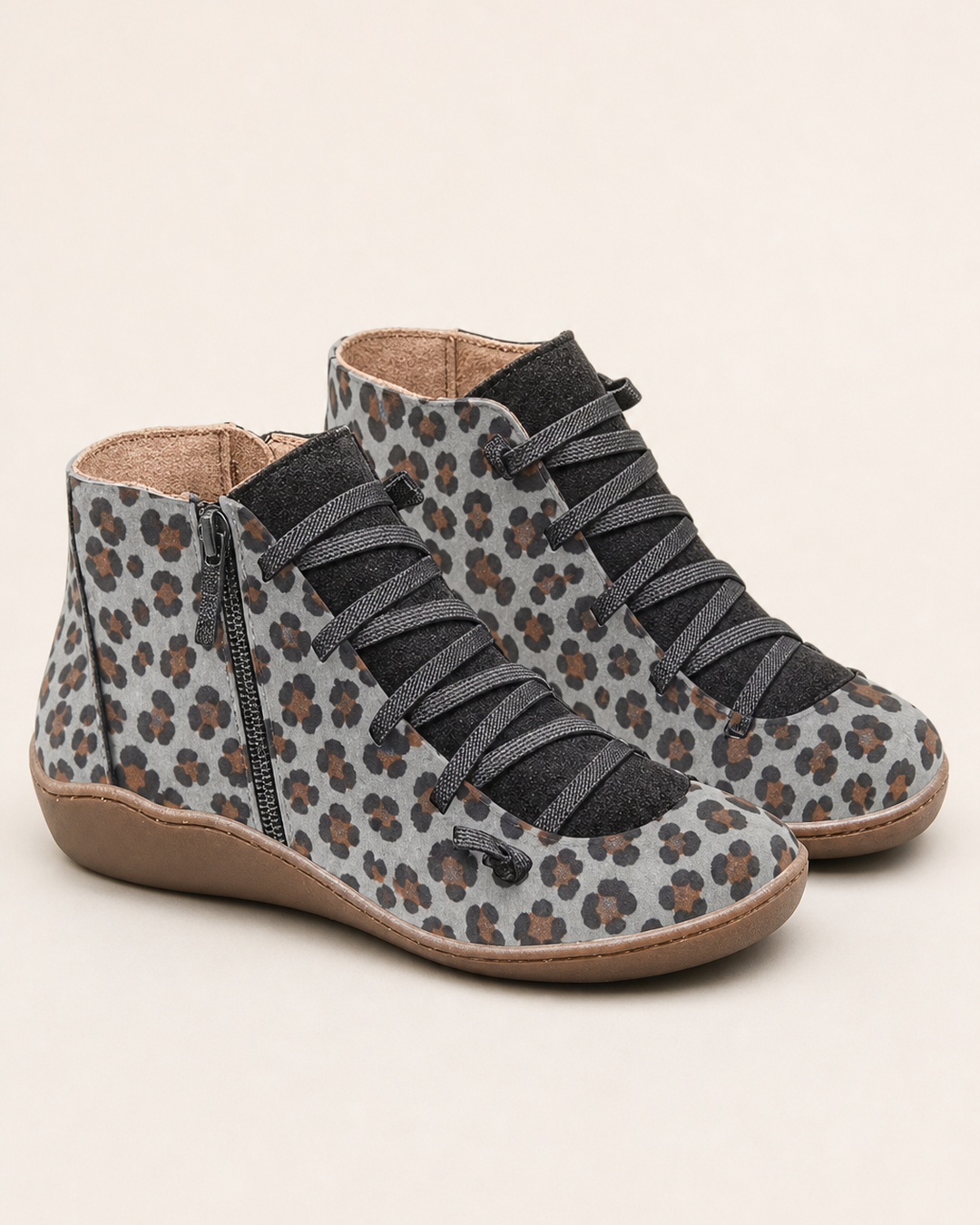 Bottines Confortables à Zip Latéral – Gris Léopard
