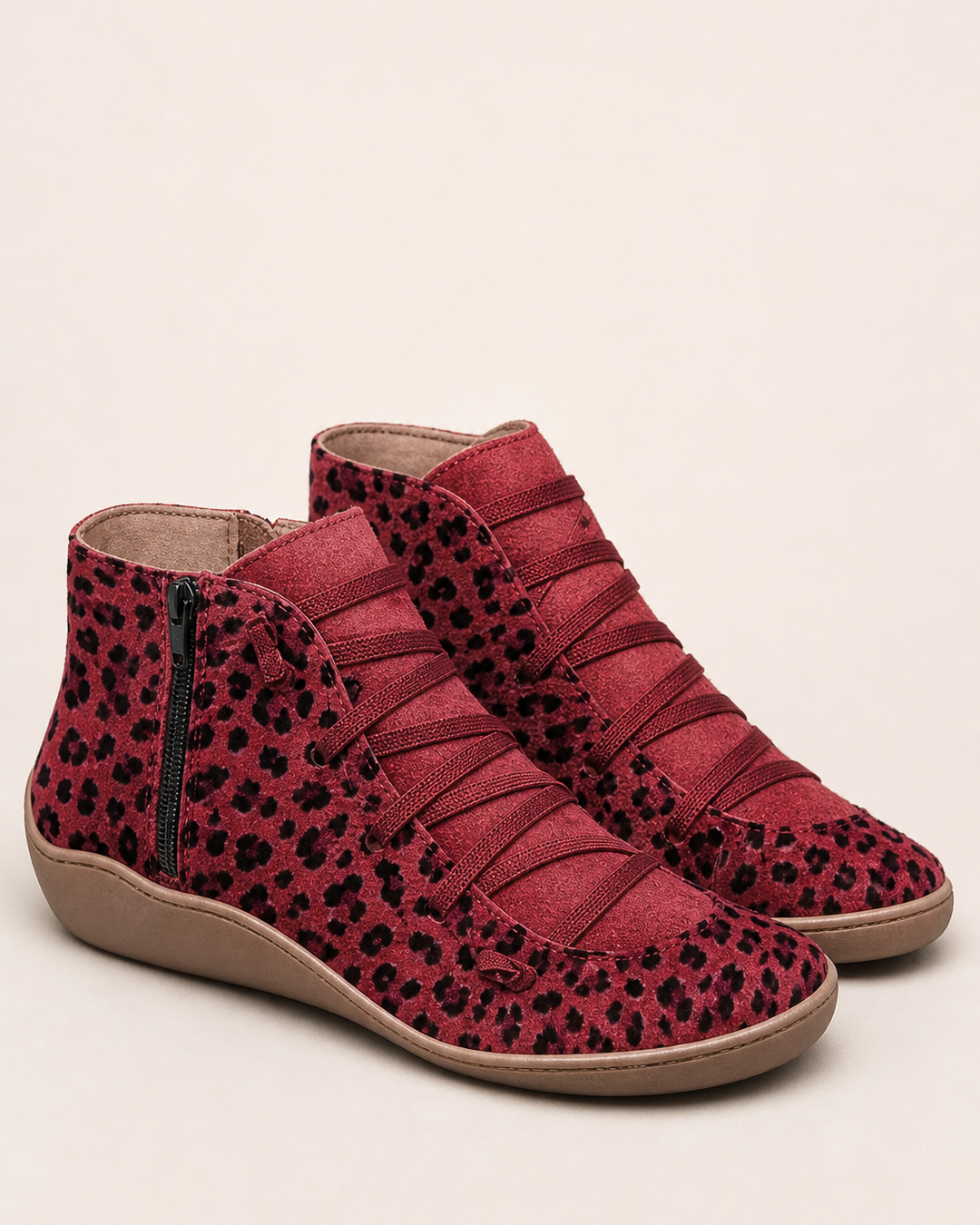 Bottines Confortables à Zip Latéral – Rouge Léopard