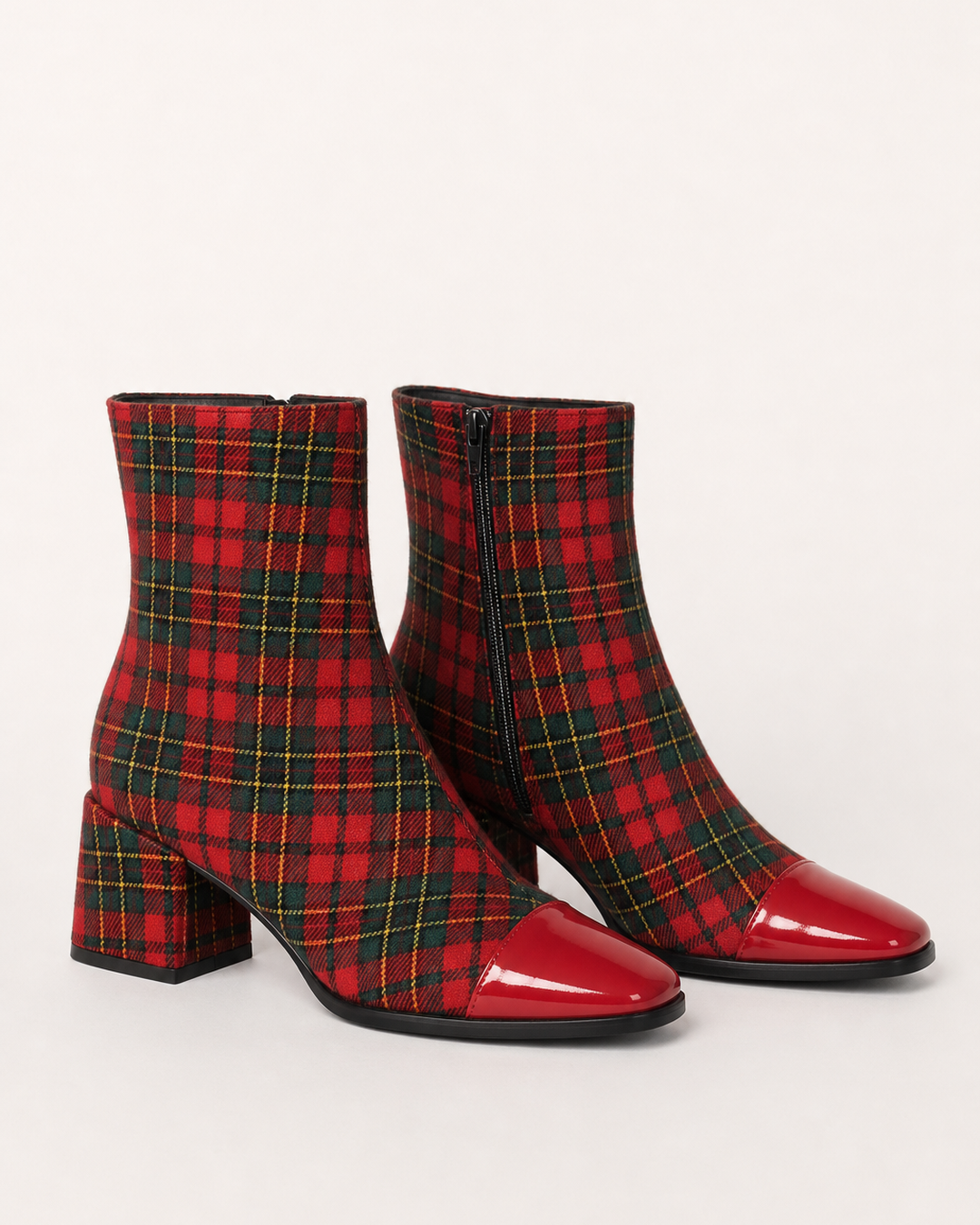 Bottines Élégantes à Talon Bloc – Bright Rouge Rouge Patent Plaid