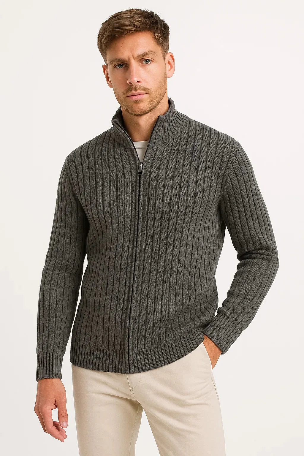 Cardigan Droit à Col Montant – Gris Foncé
