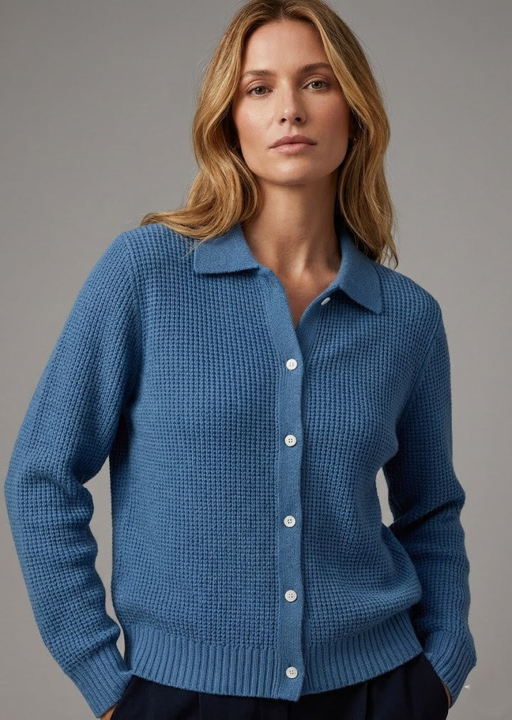 Cardigan Élégant à Col Chemise – Bleu Marine