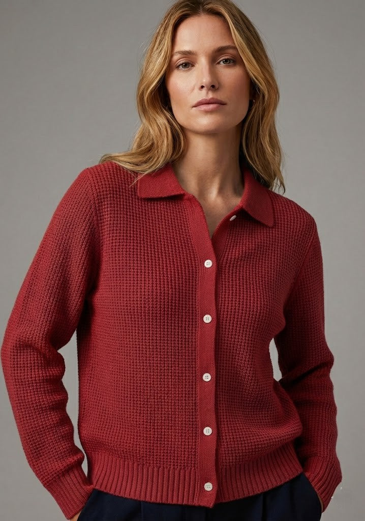 Cardigan Élégant à Col Chemise – Rouge