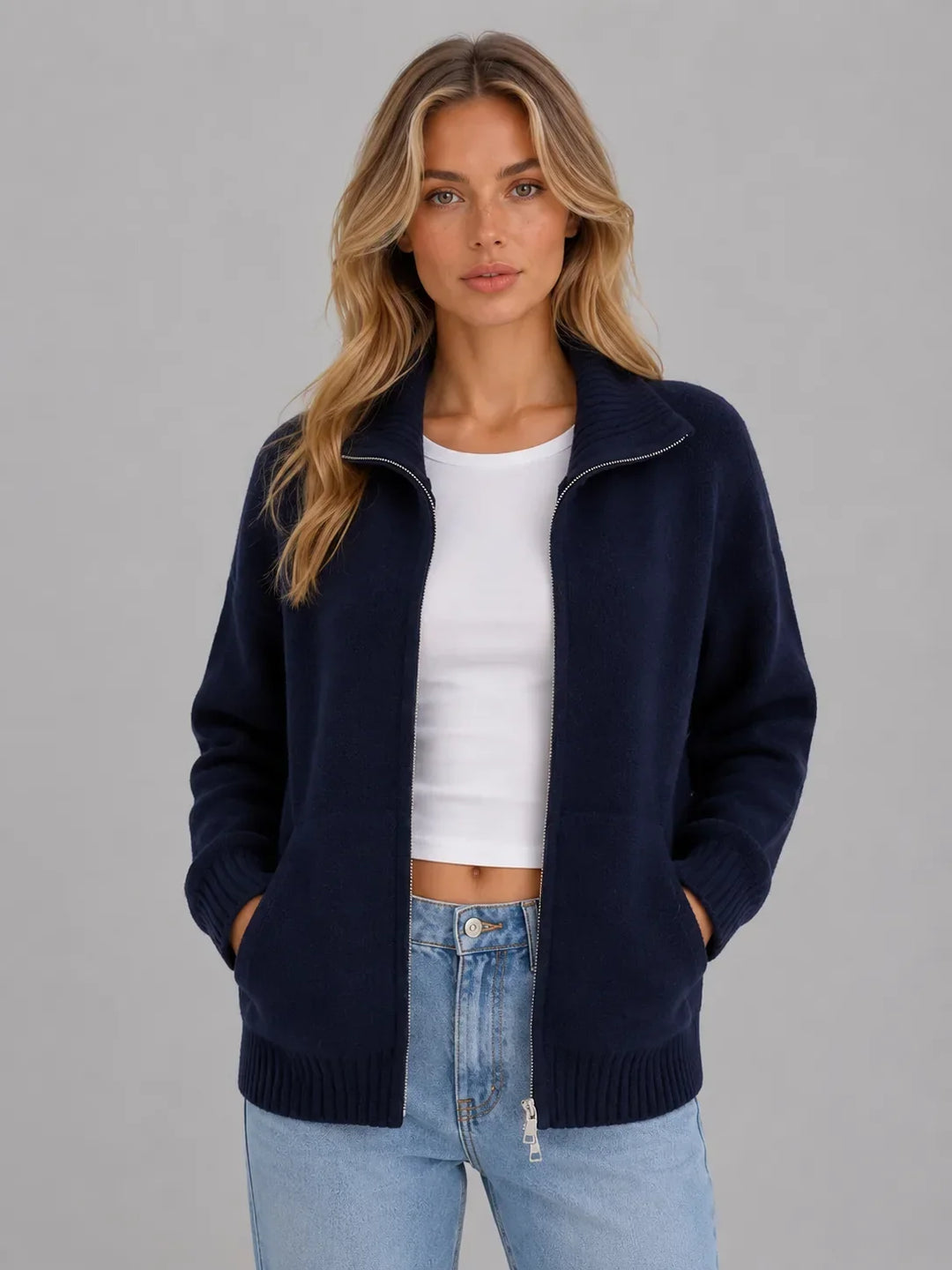 Cardigan Essentiel à Col Cheminée – Bleu Marine