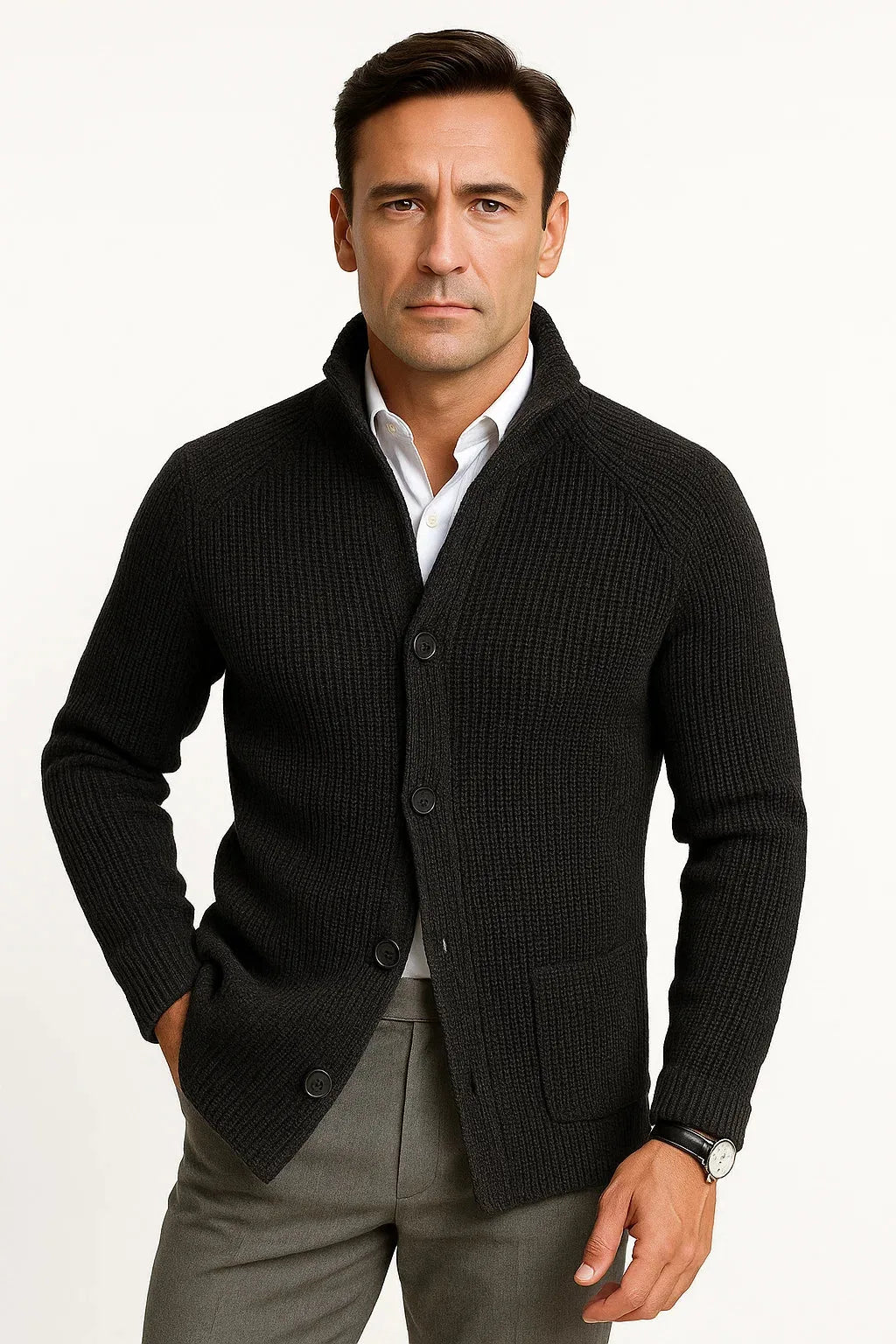 Cardigan Homme à Col Droit – Noir