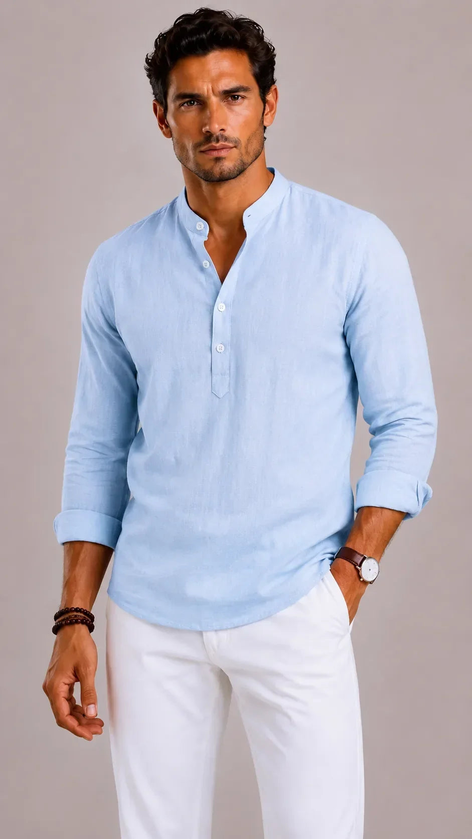 Chemise Homme à Col Mao – Bleu Ciel