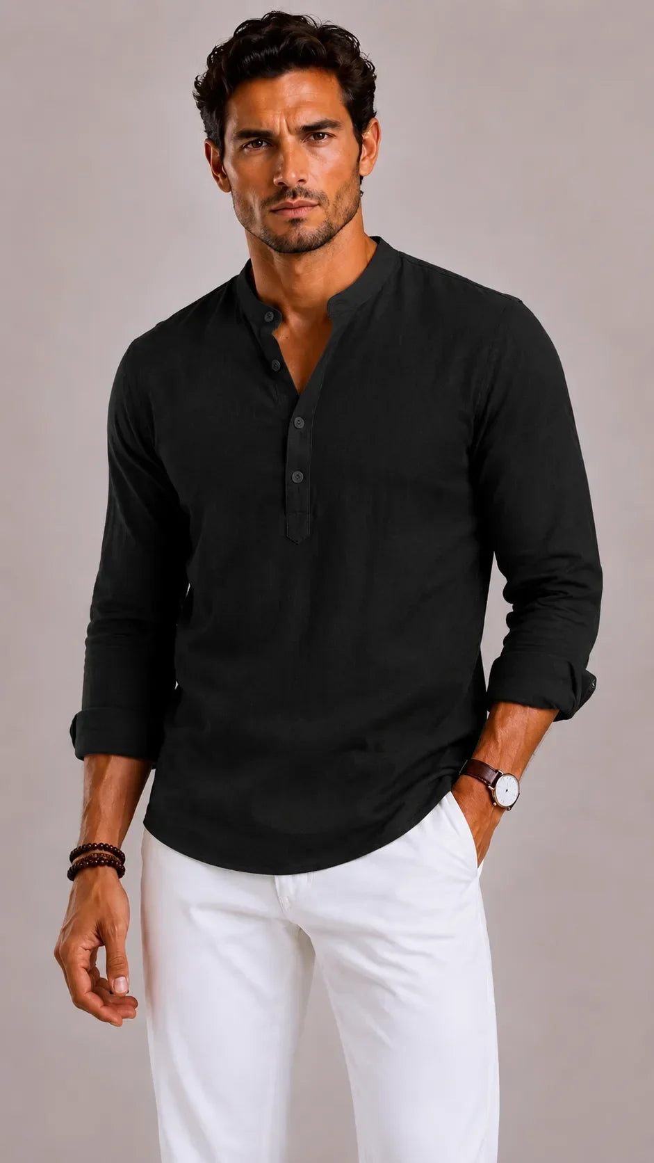 Chemise Homme à Col Mao – Noir