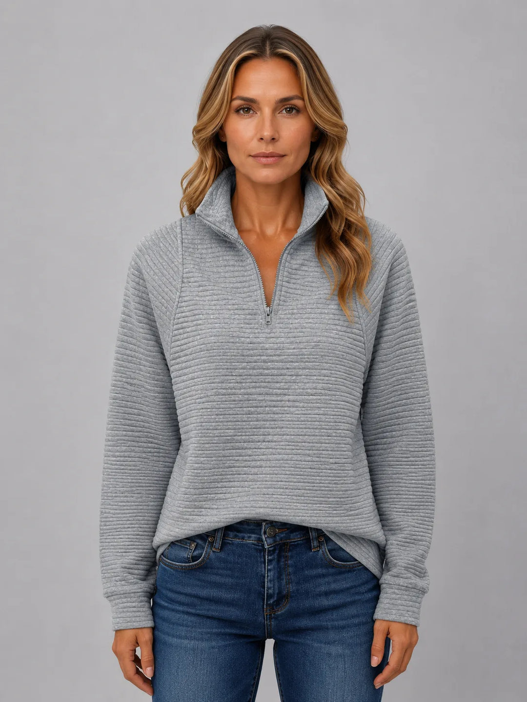 Pull Côtelé à Col Zippé – Gris