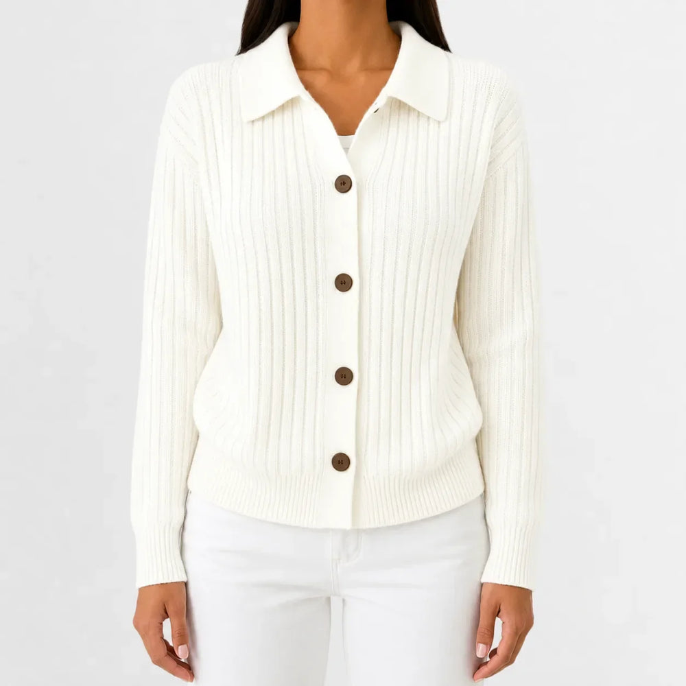 Cardigan Élégant à Col Polo – Crème