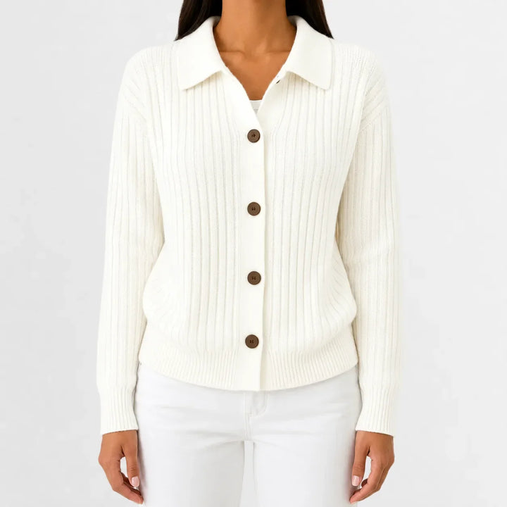 Cardigan Élégant à Col Polo – Crème