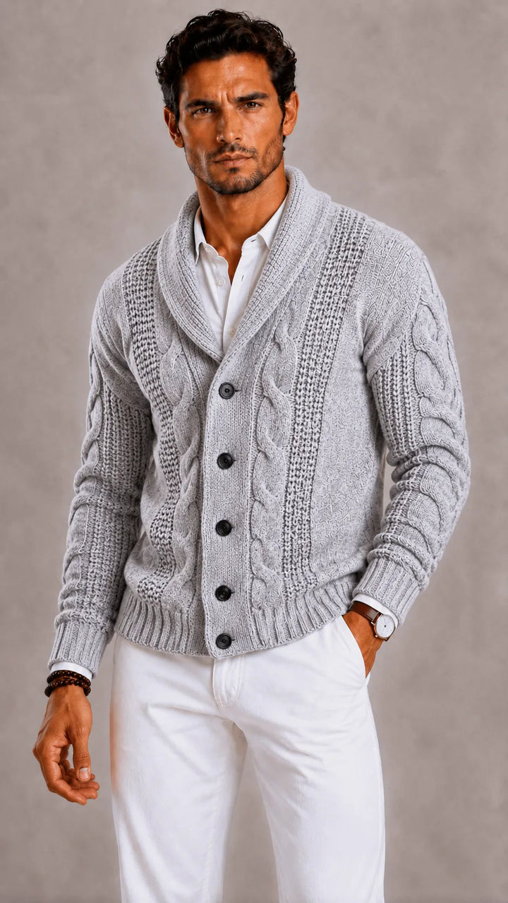 Cardigan à Torsades et Col Châle – Gris Clair