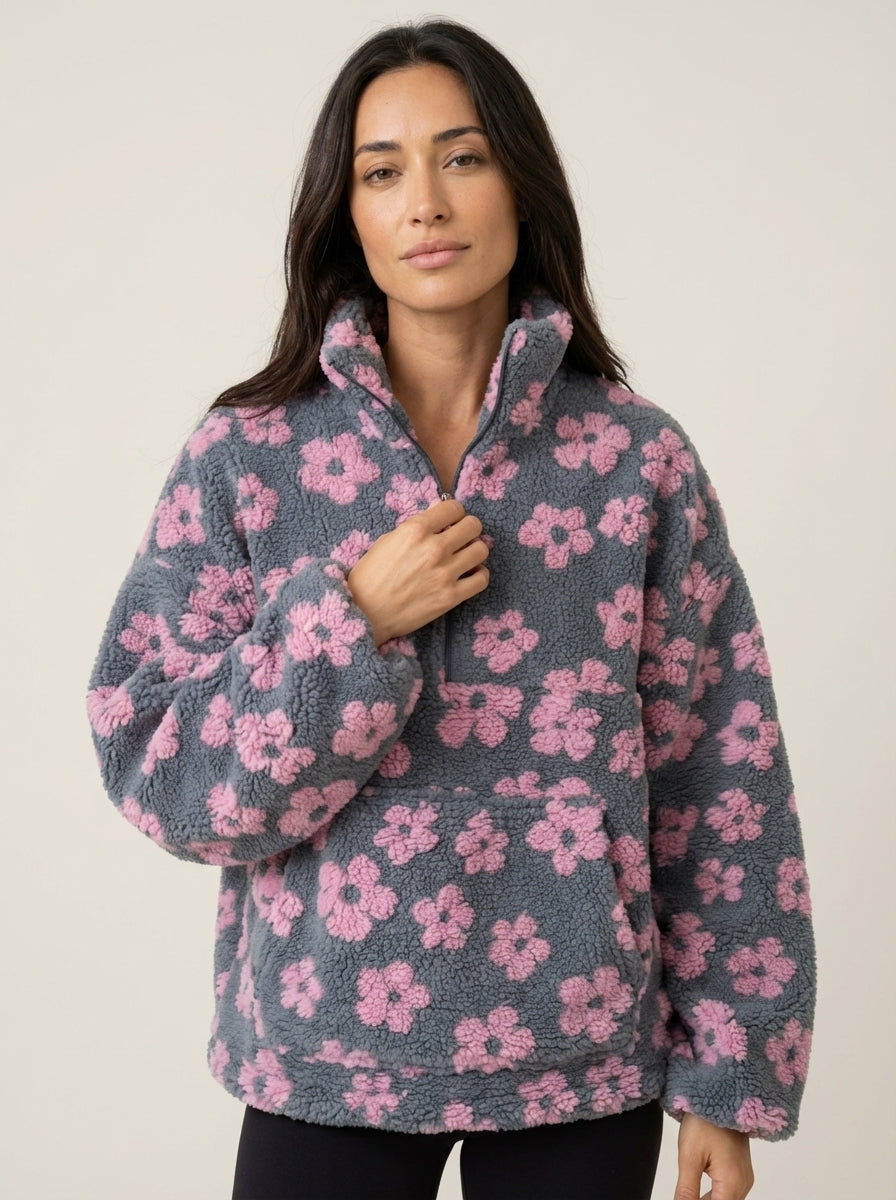 Sweat Fleuri à Col Camionneur – Rose