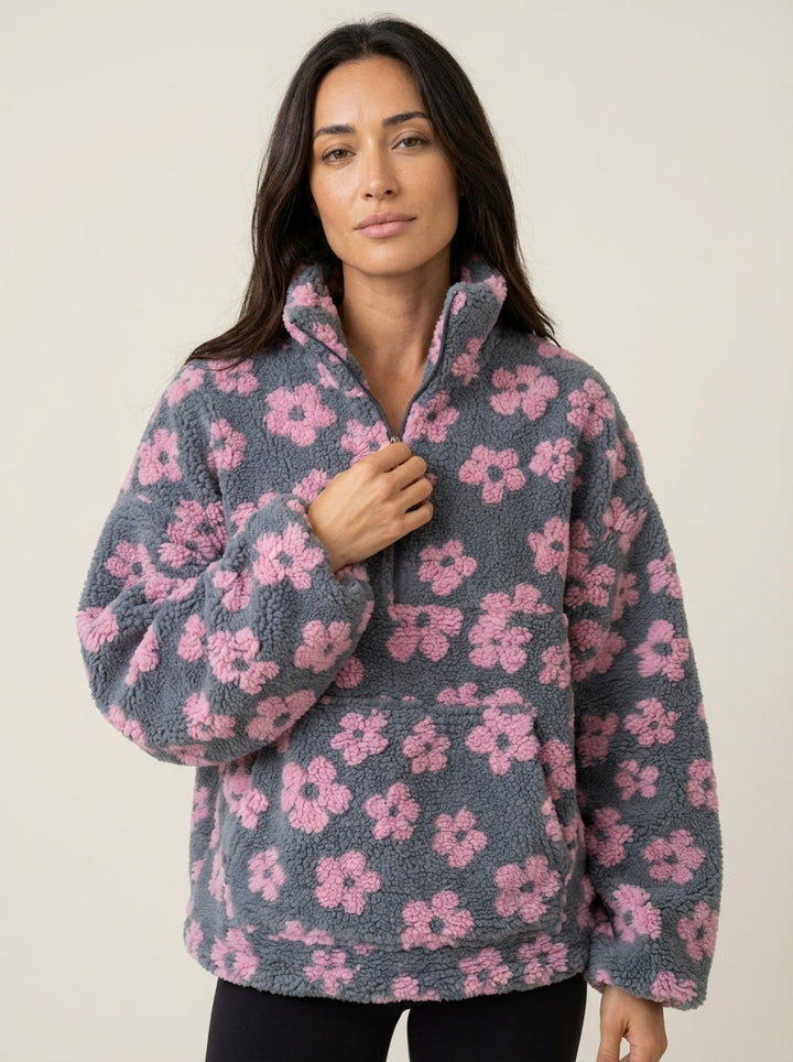 Sweat Fleuri à Col Camionneur – Rose