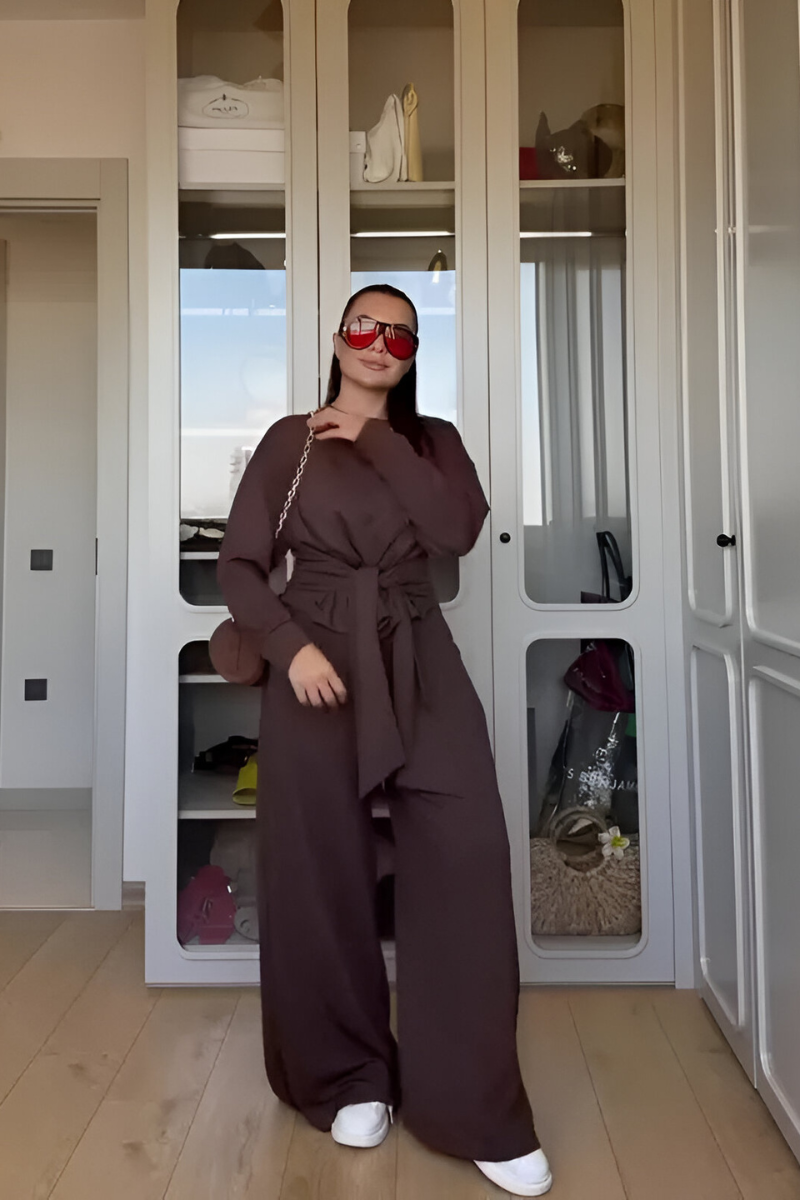 Ensemble Pantalon Large Ceinturé – Marron