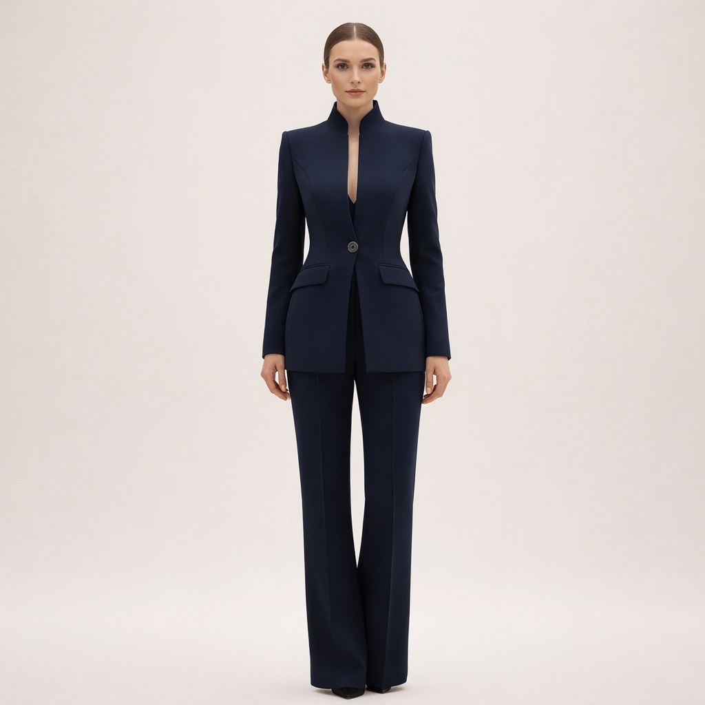 Ensemble Tailleur Col Officier – Bleu Marine
