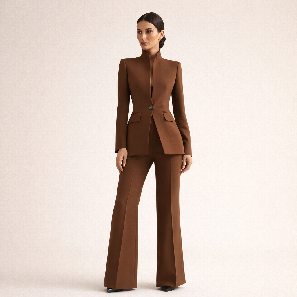 Ensemble Tailleur Col Officier – Marron