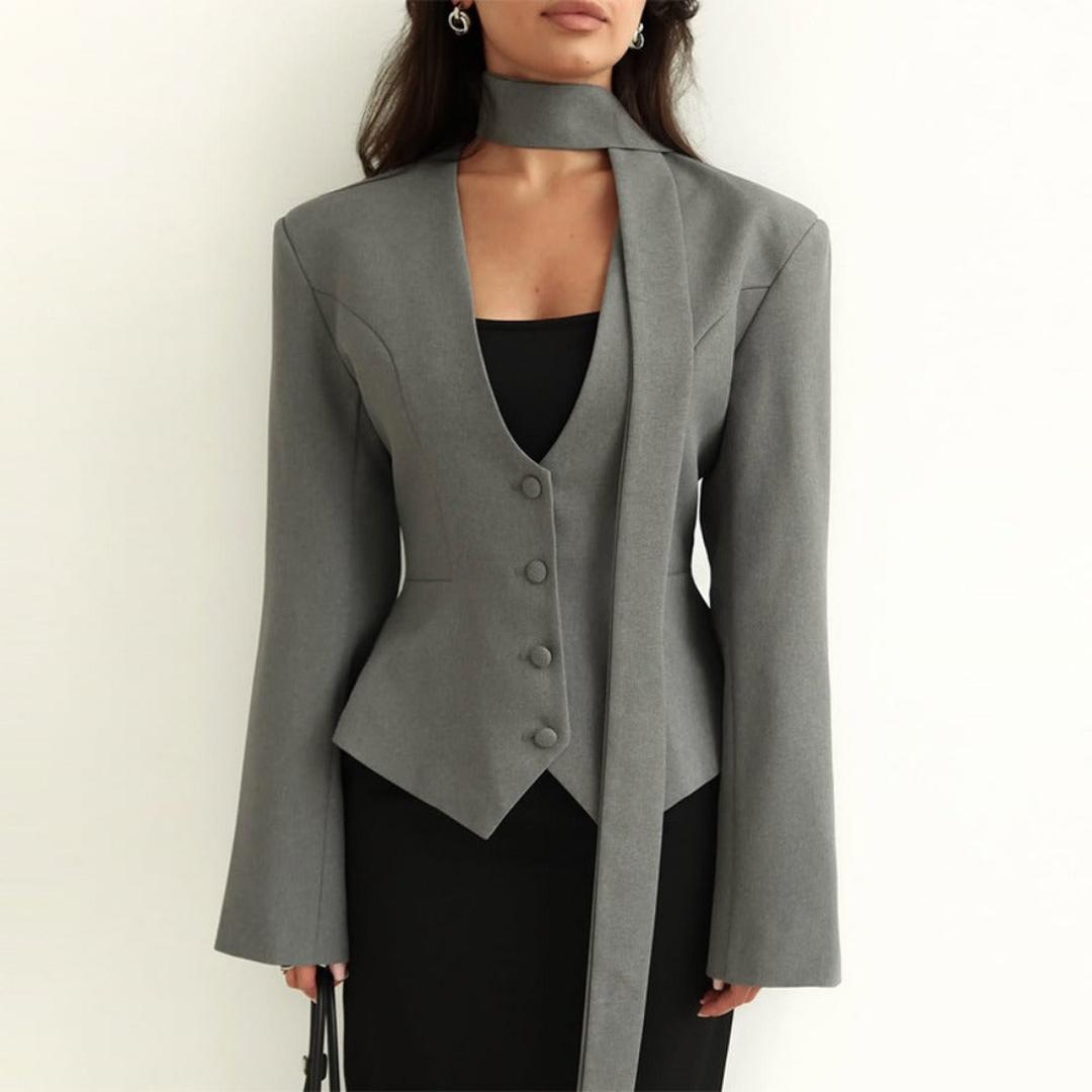Manteau Ajusté avec Col Écharpe – Gris