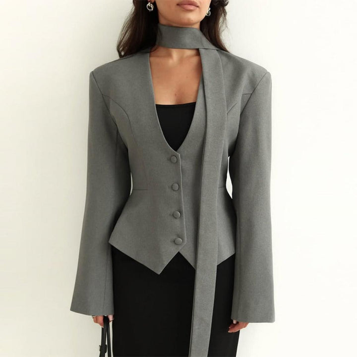 Manteau Ajusté avec Col Écharpe – Gris